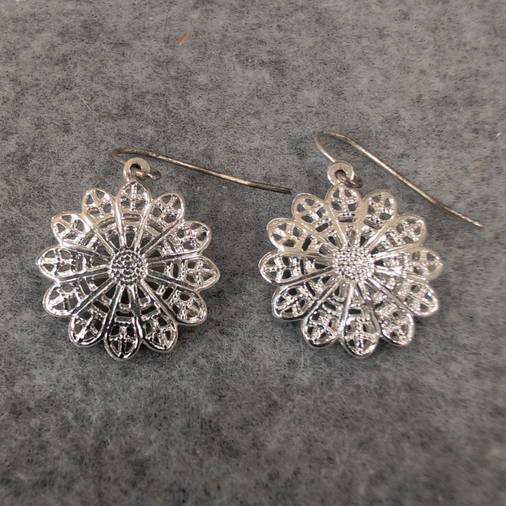 Silver Tone Filigree Flower Dangle Earrings Dainty Petal Design Stained Glass - Picture 1 of 4